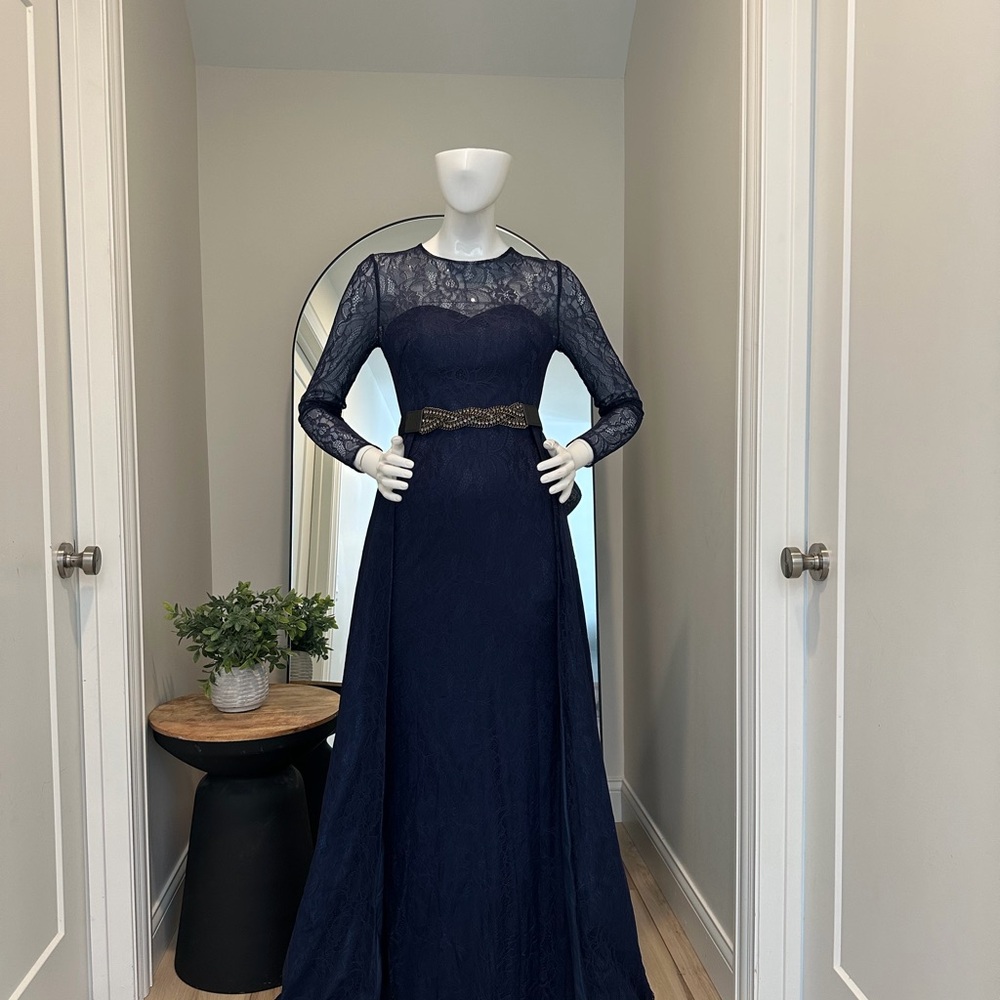 Mac Duggal Navy Long Sleeve Lace Gown